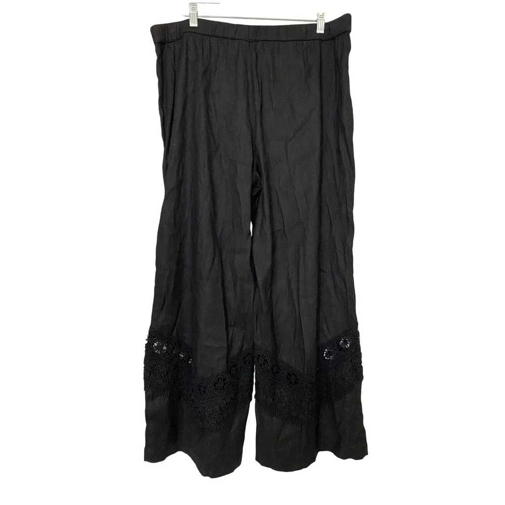 Susan Graver Black Wide Leg Cropped Pants Lace Trim Elastic Waist Women's 16 EUC - Picture 5 of 15